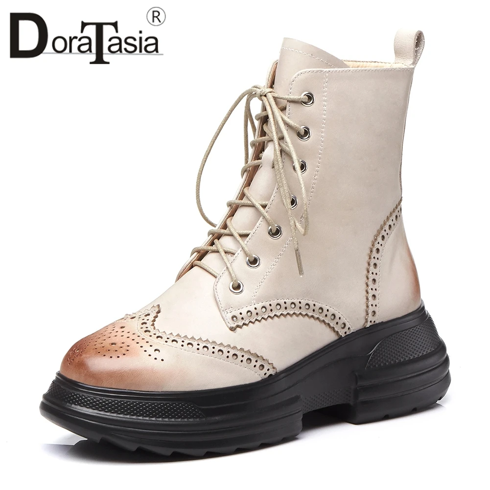 

DORATASIA 2019 New Quality Genuine Leather Dad Shoes Woman mixed-color Spring Flat Platform Boots Women Wedges Shoes Woman