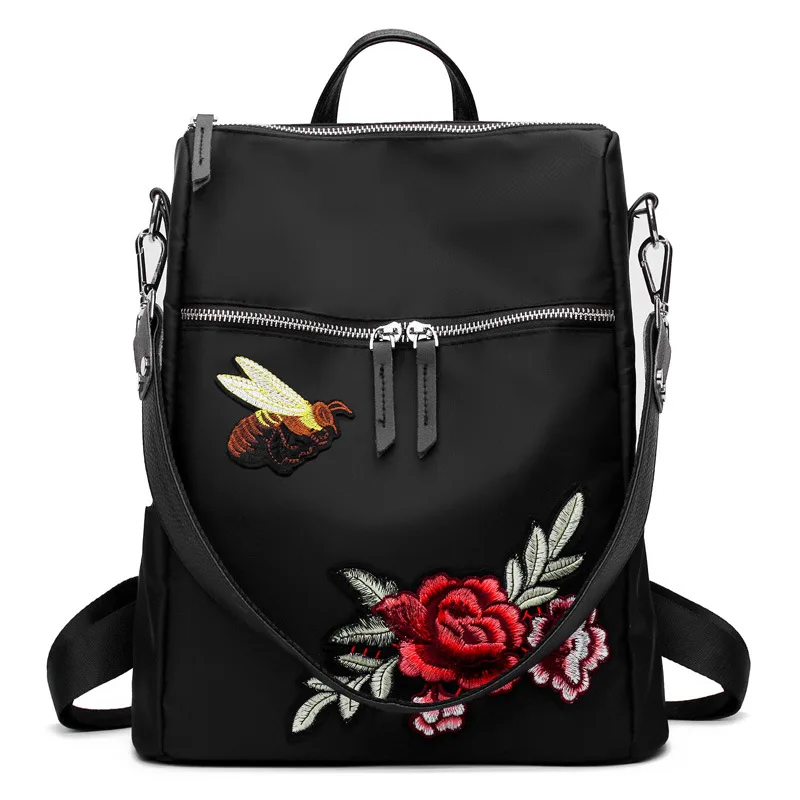 

Handmad Embroidery Flower backpacks women big capacity School Bag for Teenage Girls Black Nylon Floral Female Backpacks Sac bao