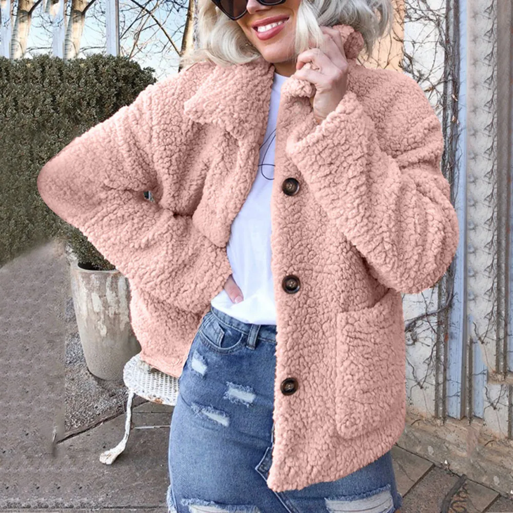 

Womens Ladies Warm Artificial Wool Coat Jacket Lapel Winter Outerwear Oversize Coats Faux Fur Jacket Overcoat pocket female