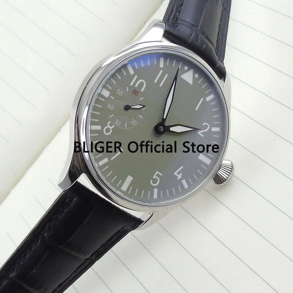 

Causal 44mm Grey Sterile Dial Black Leather Strap Luminous Pointer 17 Jewels 6497 Hand Winding Movement Men's Watch P11