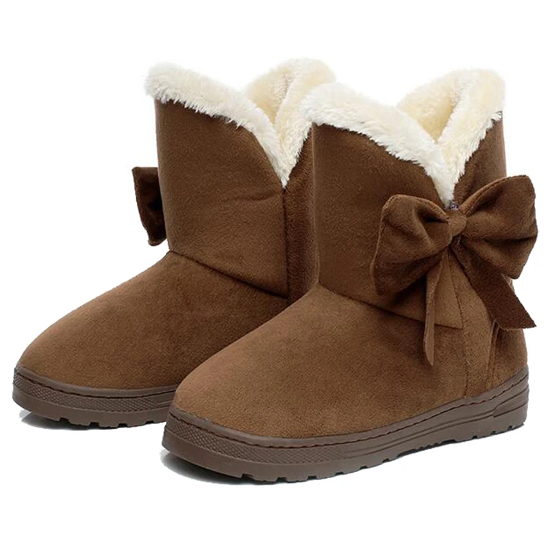 COVOYYAR/ г. милые зимние ботинки с бантом женские Теплые ботильоны на меху Нескользящая зимняя обувь на плоской платформе Лидер продаж WBS936 - Цвет: Coffee