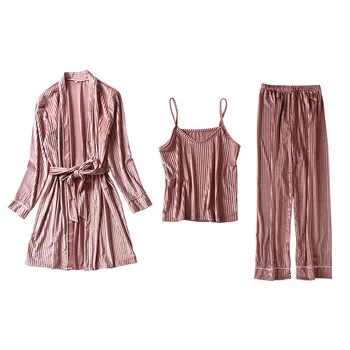 

Gold Velvet Pajamas For Women 3 Pieces Spring Suit Home Clothes Woman Sexy Lace Robe Pajamas Sets Sleepwear Sleeveless Nightwear