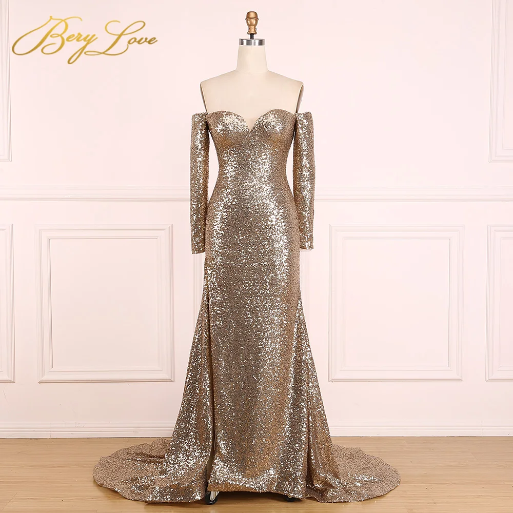 BeryLove Золотое элегантное вечернее платье вечернее платье с длинным рукавом и разрезом платье для выпускного вечера платье для особых случаев Robe De Soire