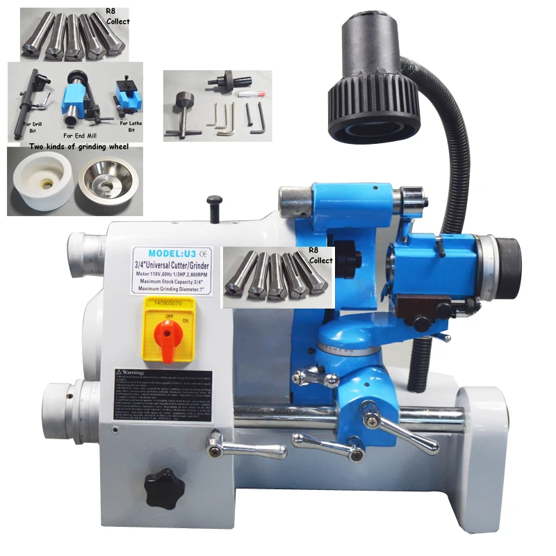 

CE 220V U3 R8 Collets Universal Cutter Grinder Drill Sharpener Sharpening Machine for End Mill Twist Drill Cutter Grinding Tool