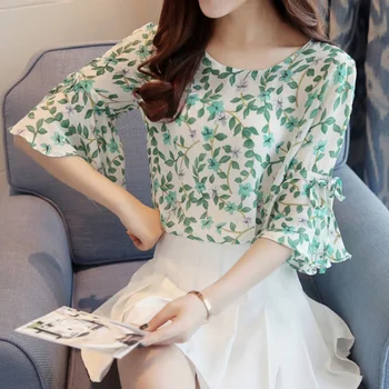 

New Womens Summer Tops Blouses Ladies Floral Print Chiffon Blouse Women Shirts Petal Half Sleeve Blusas Plus Size Tops W3