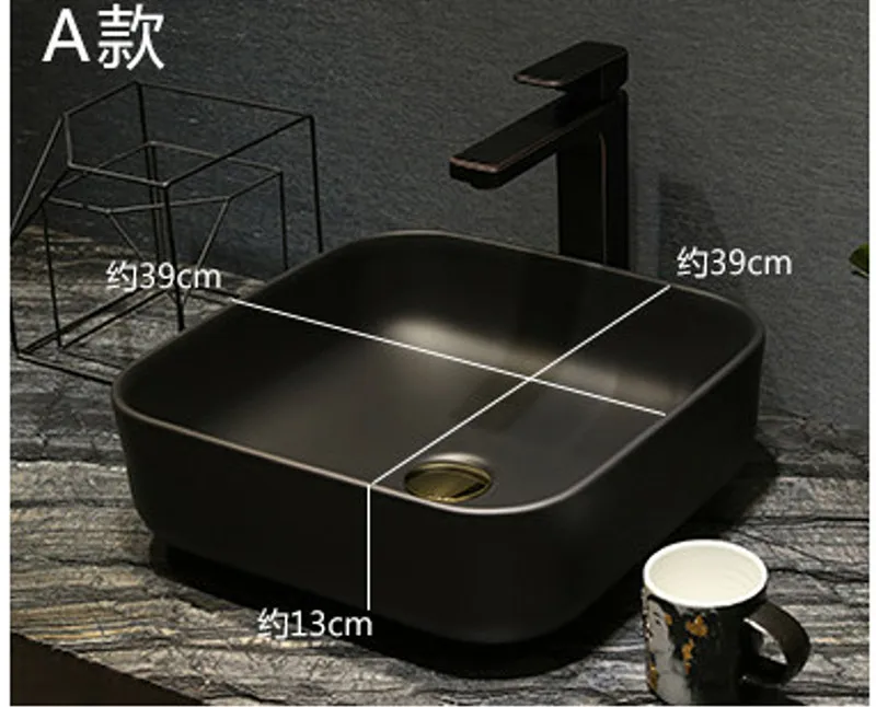 Ceramic Counter Top Wash Basin Cloakroom Hand Painted Vessel Sink bathroom sinks square black color