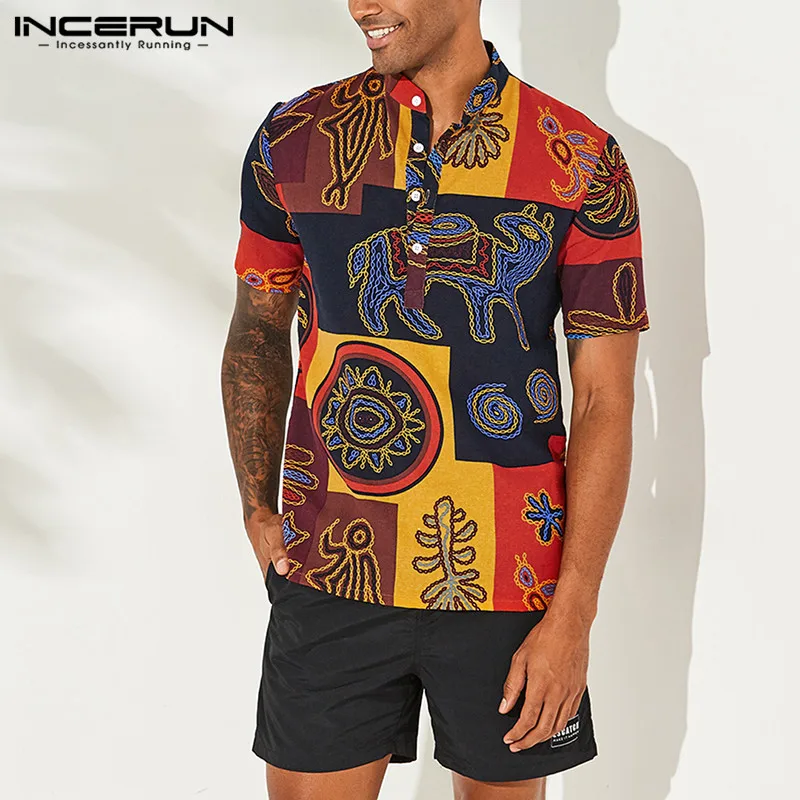 INCERUN Мужская рубашка с коротким рукавом и стоячим воротником, дышащие хлопковые топы в этническом стиле с принтом, винтажные свободные Гавайские рубашки для мужчин 5XL