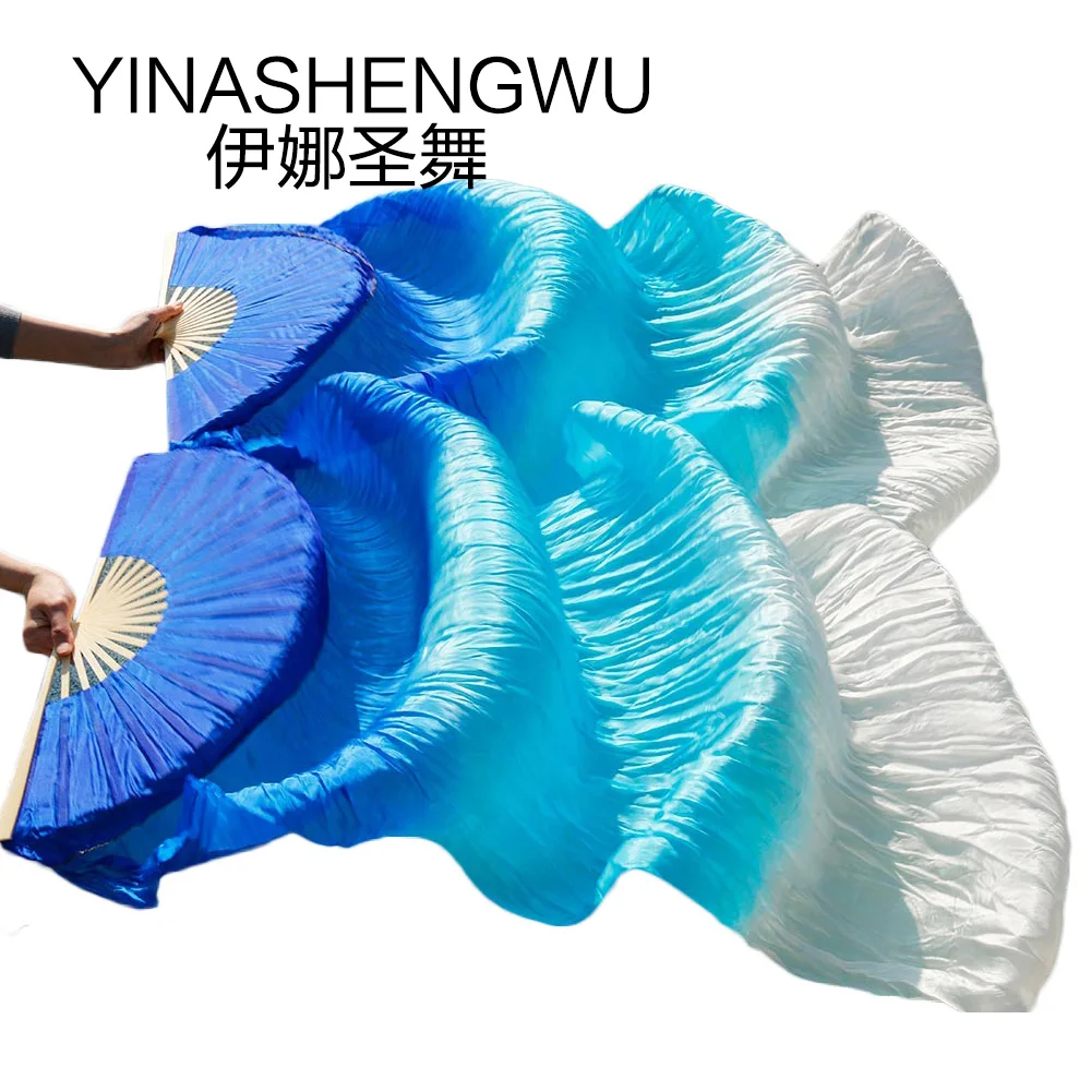 Stage Performance 100% Silk Belly Dance Fans Gradient Colour Dance Accessories Belly Dancing Silk Fan royal blue+turquoise+white