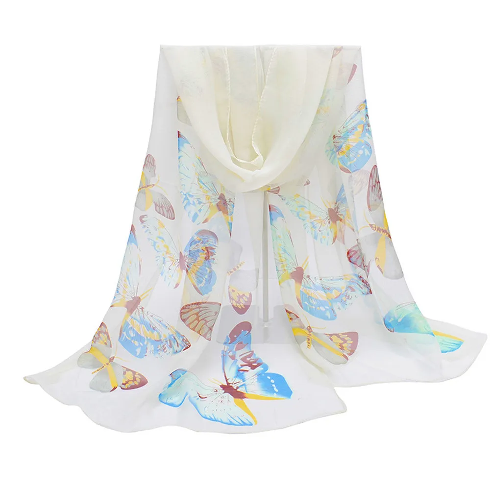 Роскошный шелковый шарф с принтом бабочки, шарф для женщин, модная шаль, элегантная шифоновая шаль, Длинный мягкий шарф кашемировый платок@ py - Цвет: White