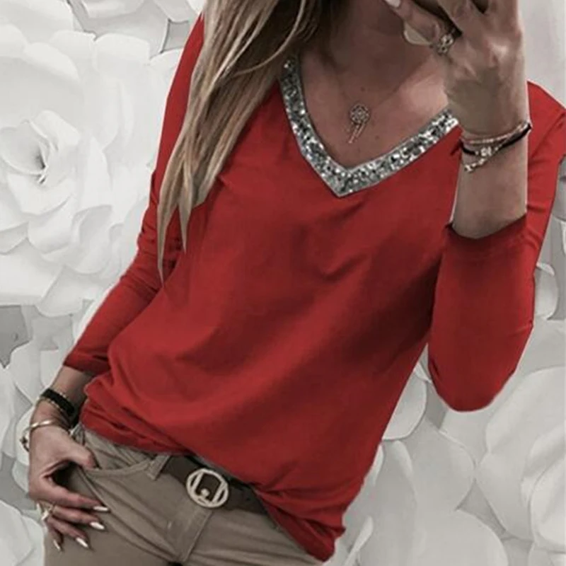 Viensta 5XL женская блуза с блестками и v-образным вырезом, с длинным рукавом, весна-лето, офисные блузки, топы, повседневные, размера плюс, женская блуза, рубашка