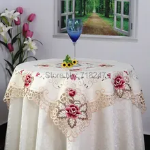Heißer Verkauf 85*85 cm Elegante Polyester Satin Jacquard Stickerei Blumen Tischdecken Cutwork Handgemachte Gestickte Tischdecke Topper