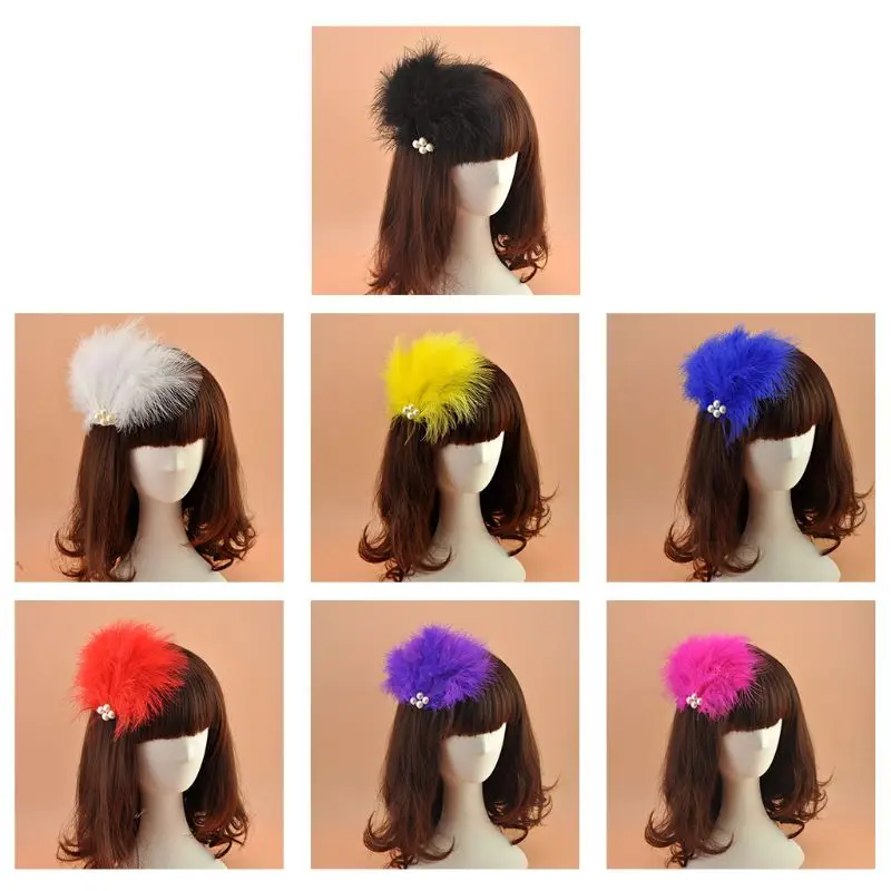 

Women Soft Feathers Fascinator Faux Pearl Beaded Alligator Side Hair Clip Wedding Cocktail Party Ballet Dance Hair Ornament