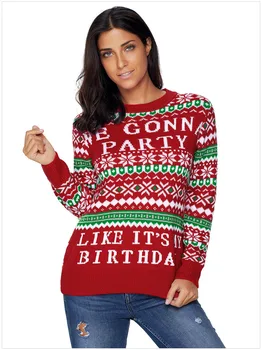 

Laamei Christmas Leaf Pattern Snowflake Printed Long Sleeve Casual Crochet Pullover Mujer Winter Women Sweater