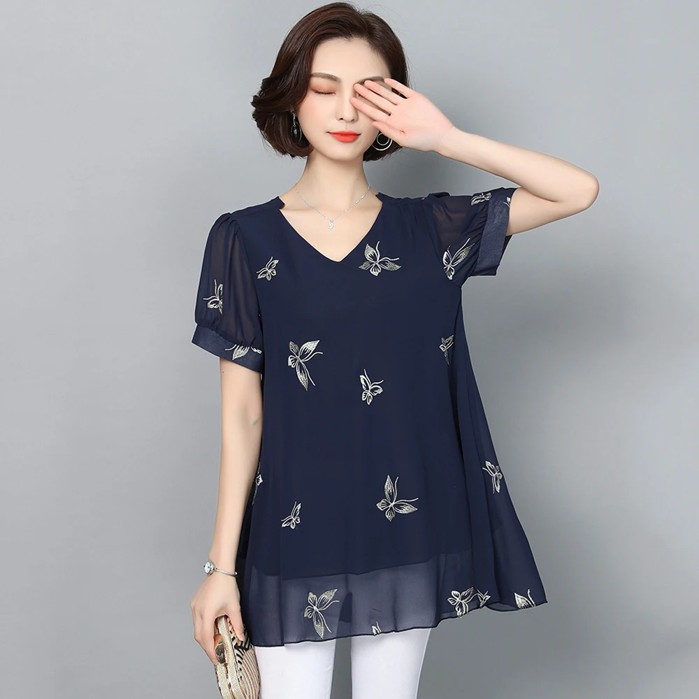 Spring and summer new style Women's large sizeL- 6XL short sleeve blouses Butterfly embroidery temperament chiffon top