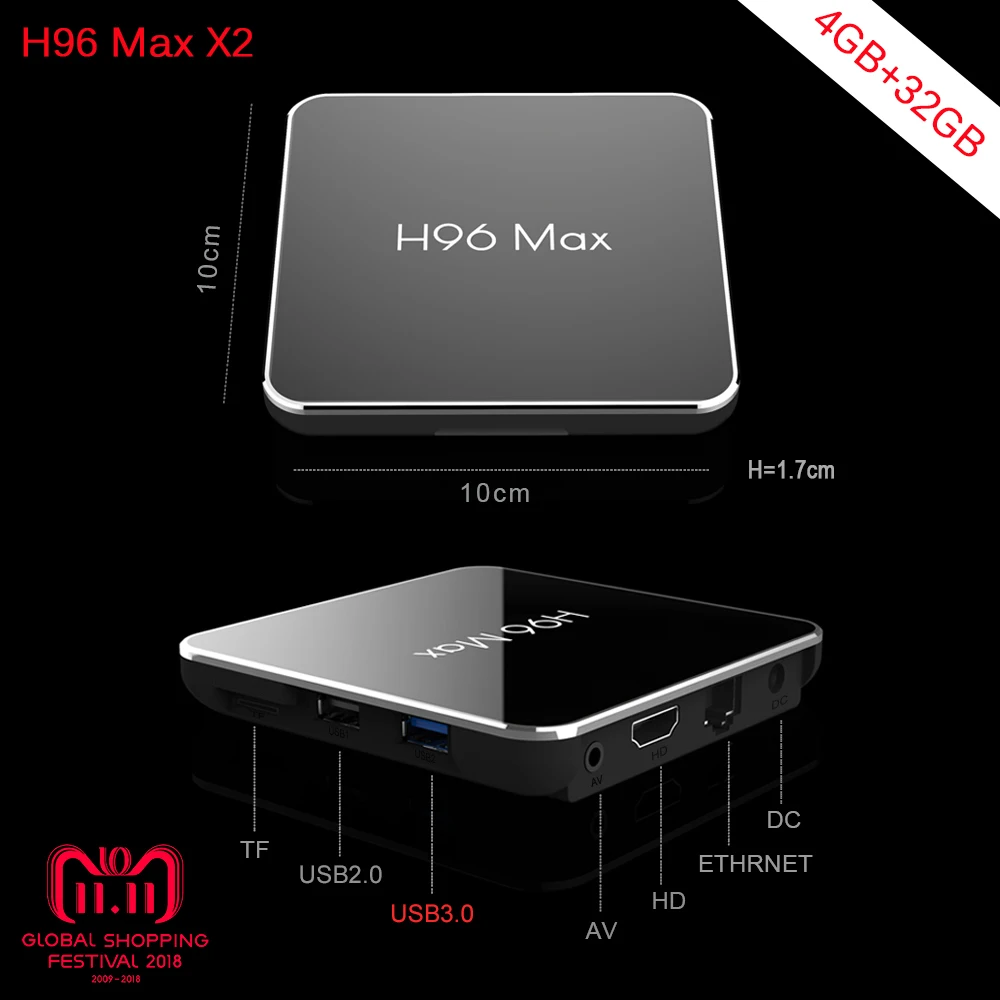 

Hot H96 Max X2 Android 8.1 Amlogic S905X2 Quad Core 4GB 32GB H.265 HEVC USB 3.0 2.4G/5.8G WIFI 100M LAN 4K HD Smart Set-top Box