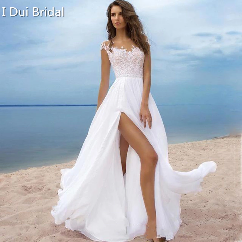 Пляжное свадебное платье с разрезом ноги крышка рукава Кружева декольте шифоновая юбка линия Свадебное бохо-платье