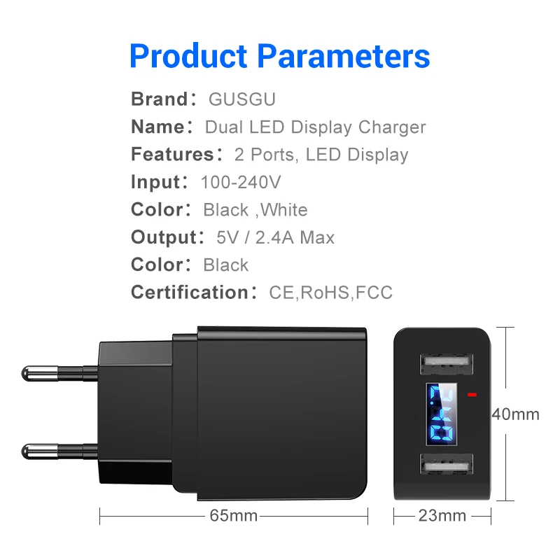 GUSGU USB зарядное устройство, двойной USB светодиодный дисплей, зарядное устройство для мобильного телефона s, 2 порта, Plgu, для iPhone, samsung, Xiaomi, настенный, для путешествий, ЕС, умный рабочий стол