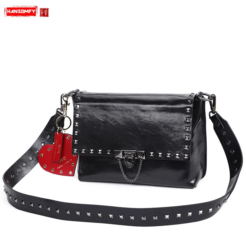 

HANSOMFY Leather ladies fashion bag versatile women shoulder slung rivet bags female popular small square messenger bags black