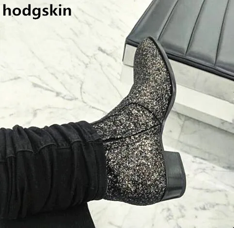 

2019 Genuine Leather Bling Shiny Black Suede Men Chelsea Boots Low Heel Side Zipper Top Ankle Botines Shoes Men Sapatos De Mujer