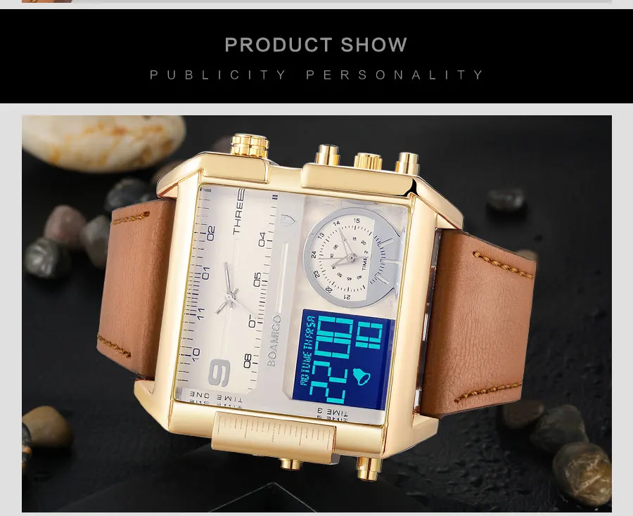 Mens Watches Top Brand Luxury BOAMIGO Wrist Watches for Men Sport Leather Band Military Chronograph Digital Watch Rectangle Case (22)