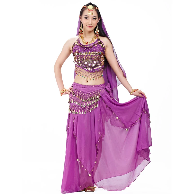Индийский костюм набор 5 штук танец живота вуаль Топ монеты хип шарф юбка Болливуд танцевальный костюм - Цвет: Фиолетовый