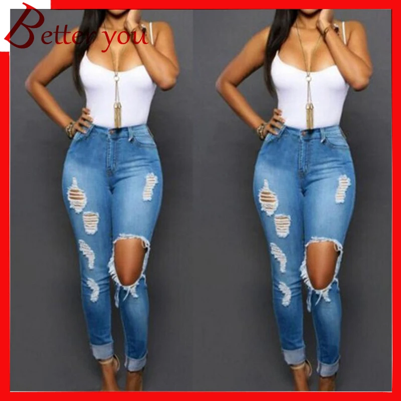 

Europe Spring Summer jeans woman hole female jeans cotton stretch Slim Pencil pants Middle waist casual ripped jeans