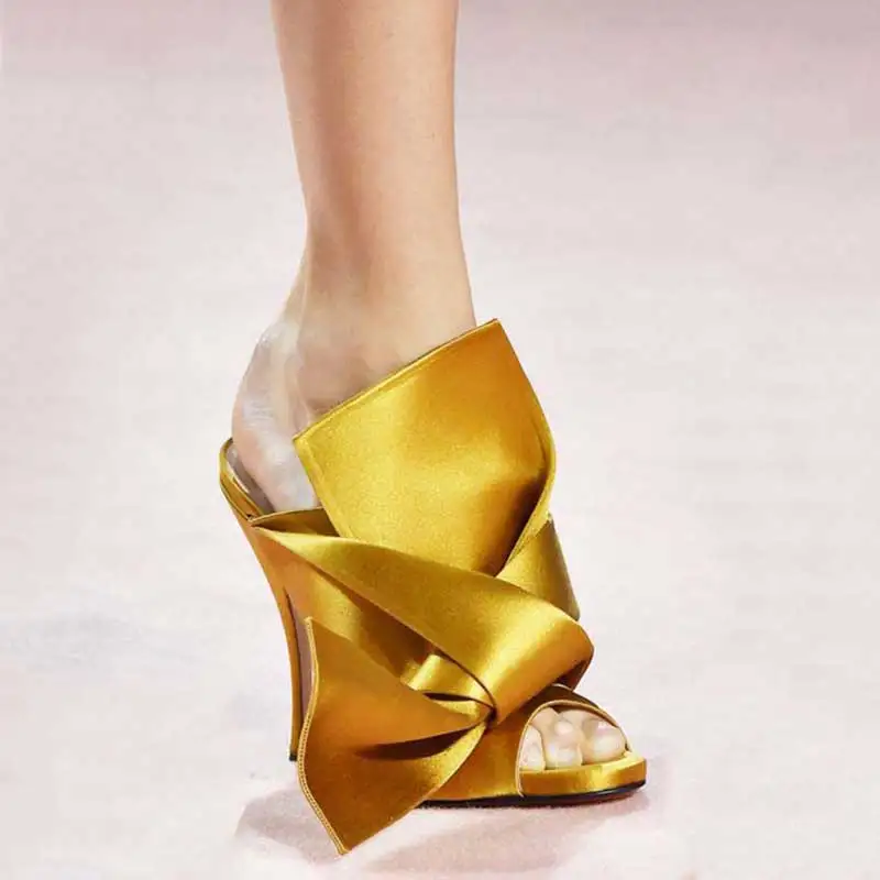 

Solid Silk Satin Butterfly-Knot Women Slippers High Heels Open Toe Sandals Fashion Summer Ladies Mules Leather Shoes