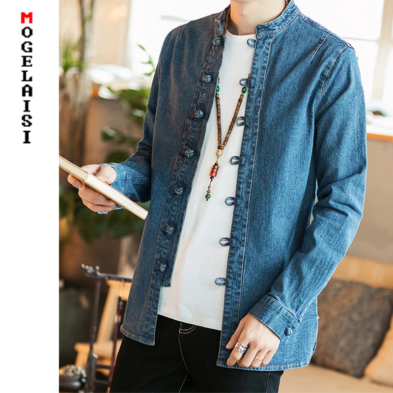 

Jackets Men Jeans Blue Chinese Style Jacket Autumn Spring For Man Clothing Button Solid Slim Mens Jeans Jackets Asian Size M-5XL