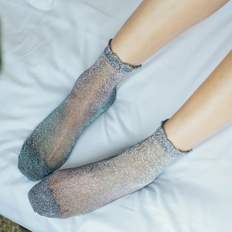 Women Fashion Shiny Socks Trendy Girls Glitter Ankles Socks Spring Summer Thin Gauze Transparent Lady Sox Cute Soft Meias