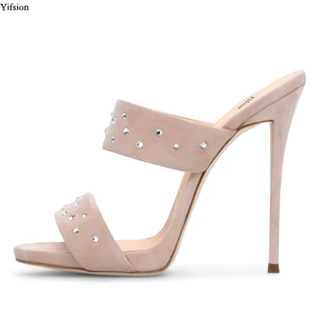 

Olomm New Women Mules Sandals Thin High Heels Sandals Sexy Rhinestone Nice Open Toe 5 Colors Dress Shoes Ladies US Size 4-10.5