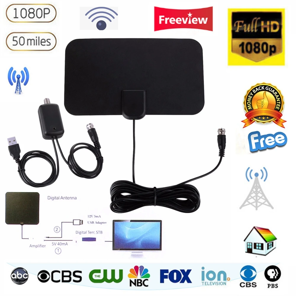 

Universal Digital Indoor TV Fox Antenna With Antena Signal Amplifier Booster Analog 50 Miles Aerial ATSC Freeview HDTV Receiver