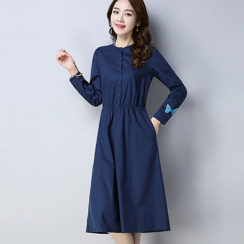 

2019 Loose Spring Cotton Linen Dress Women Embroidered Butterfly Long sleeve Dresses Elastic Waist A word Dresses aa875