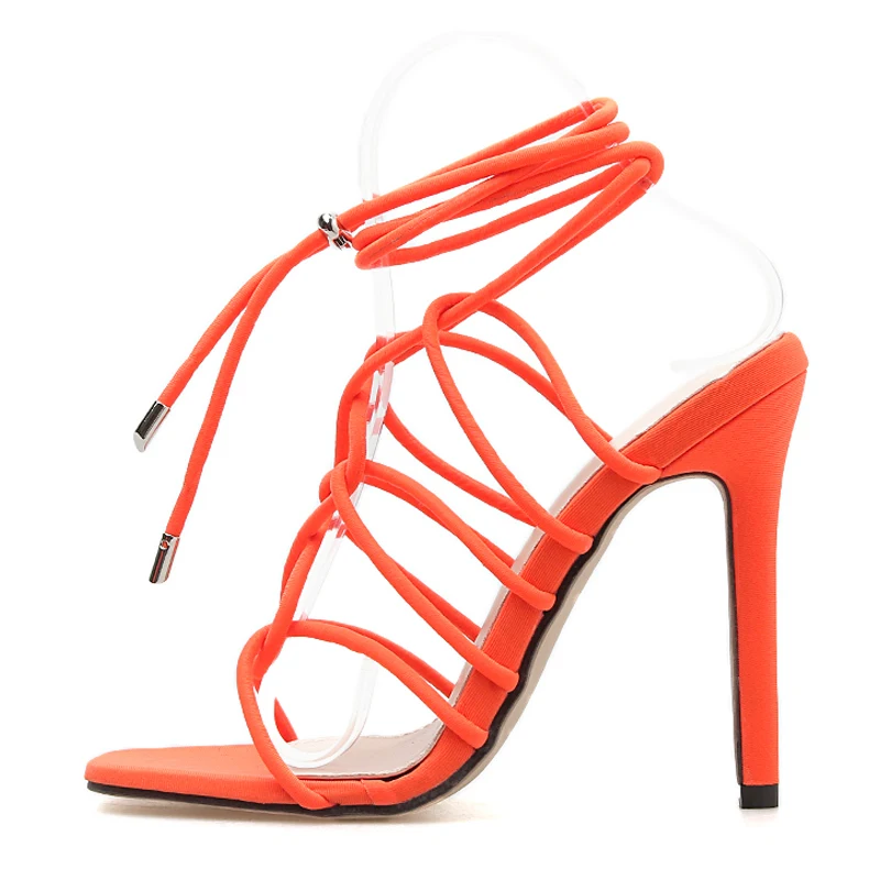 Размер 35-42, женские оранжевые туфли на высоком каблуке, пикантные летние туфли с вырезами и перекрестной шнуровкой женские вечерние лодочки для ночного клуба со шнуровкой на лодыжке