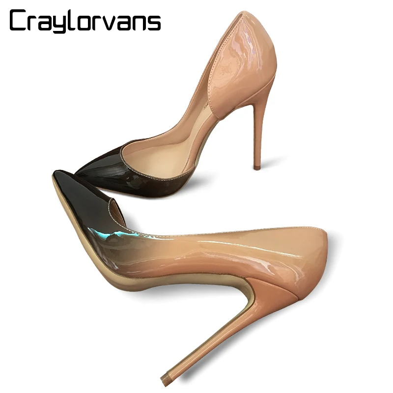 

Craylorvans Top Quality Black Nude Gradient Color 12/10/8CM Women Pumps Pointed Toe High Heels Patent Leather Women Party Shoes