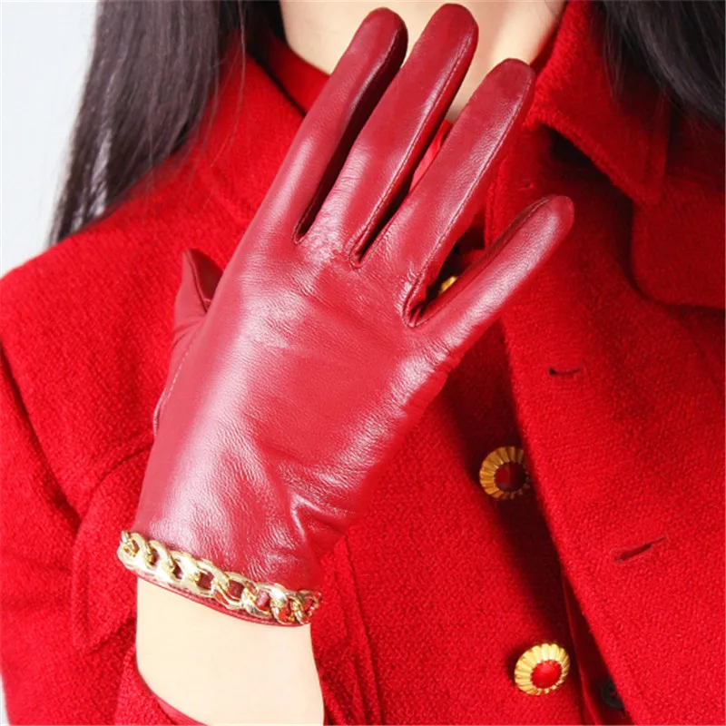 NEW 2019 Pure Sheepskin Gloves China Red Gold Color Chain Thin Velvet Lined Keep Warm Woman's Genuine Leather Gloves TB93-2