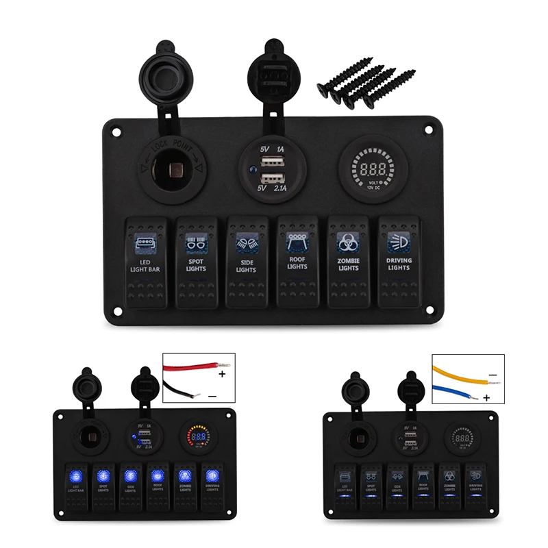 12V 6 Gang Boat Marine Rocker Switch Panel LED Dual USB Charger Adapter