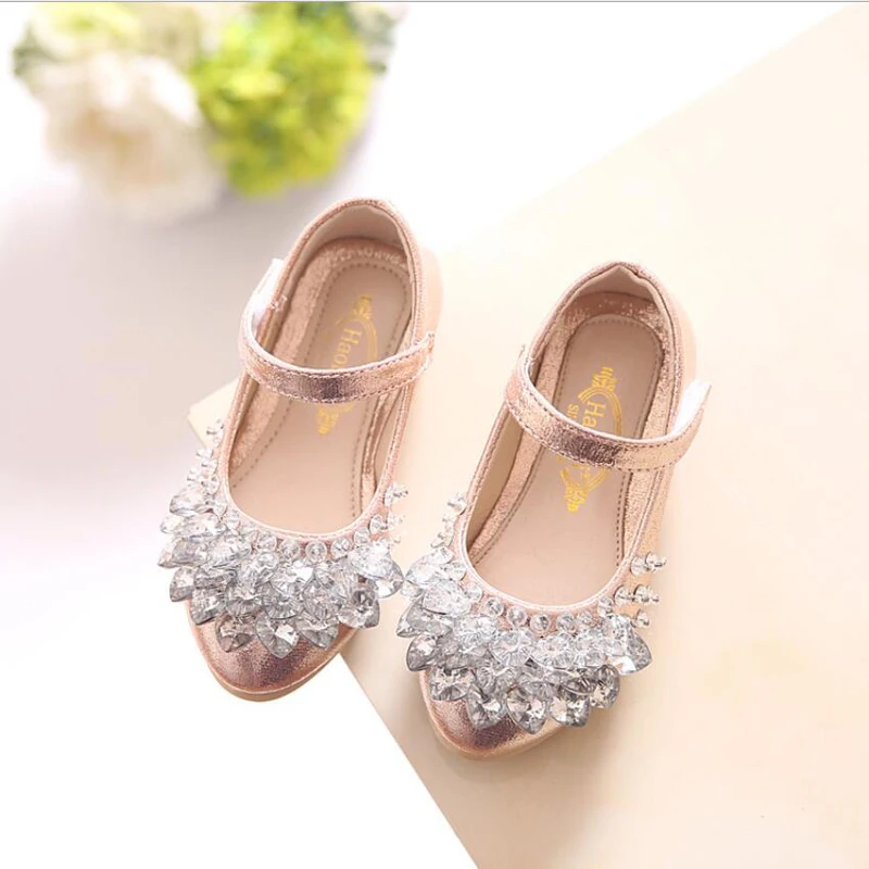 Autumn Children Leather Shoes Fashion Solid Color Rhinestone Girls Princess Baby Dancing Shoes Flat Heel Kids Shoes For Girls