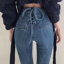 WHITNEY WANG демисезонный модная уличная Винтаж Стиль Высокая талия сзади кружево до Flare Leg джинсы для женщин для джинсовые штаны