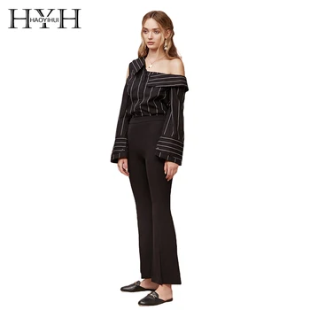

HYH HAOYIHUI Woman Solid Black Pants Full Length Casual Regular Flare Pants Flat Front Style 2018 Summer New Fashion Pants