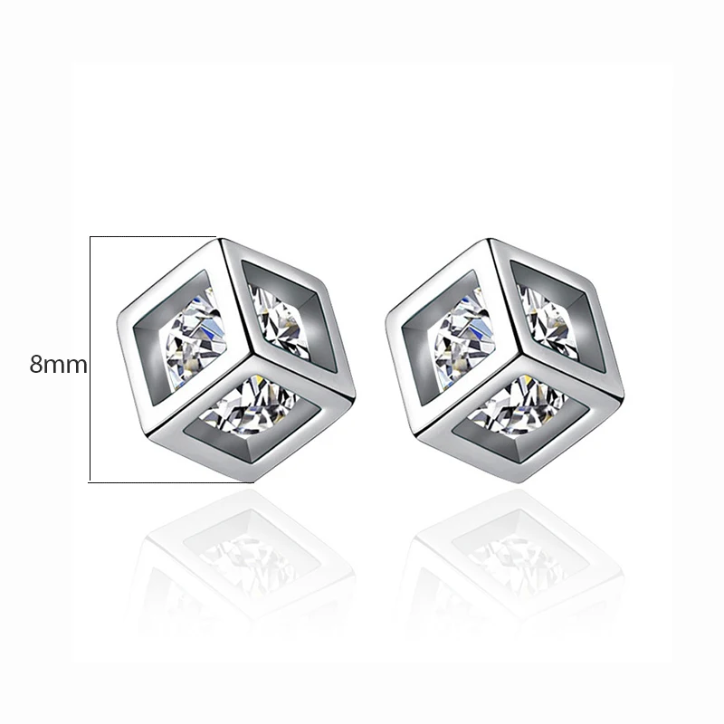 ANENJERY Simple 925 Sterling Silver Zircon Squre Cube Earrings For Women Girl Gift S-E905