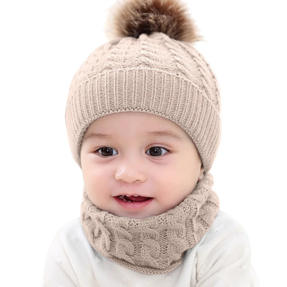 2 шт./компл. вязаный для новорожденных шапка шарф с помпоном теплые шапки шарфы для новорожденных мальчиков девочек осень зима теплый крючком набор шапочек-бини