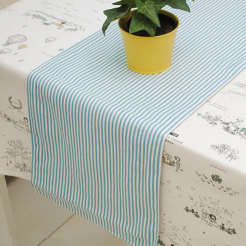 1pc Blue Stripe Table Runners Modern Double layer Cotton+Linen Blending