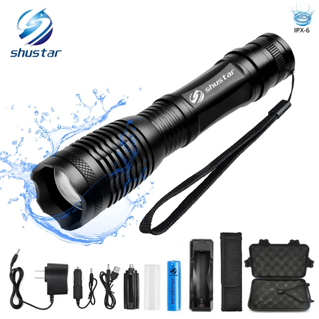 Waterproof LED flashlight T6/L2 8000 lumens torch Zoomable flashlight 5 switch modes light with 18650 battery + charger