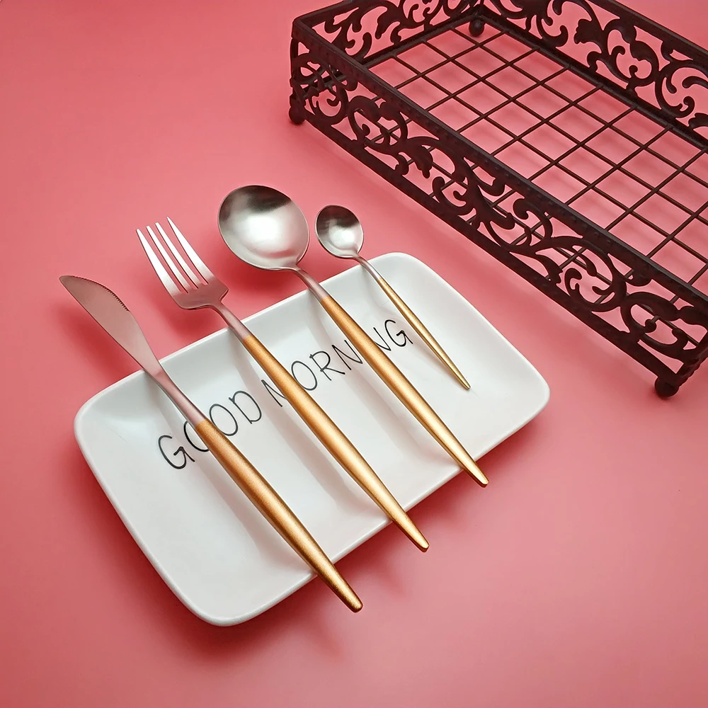 

Best Hot Sale 4 Pcs/set gold silver color Dinnerware Set 304 Stainless Steel Western Cutlery Kitchen Food Tableware Dinner Set