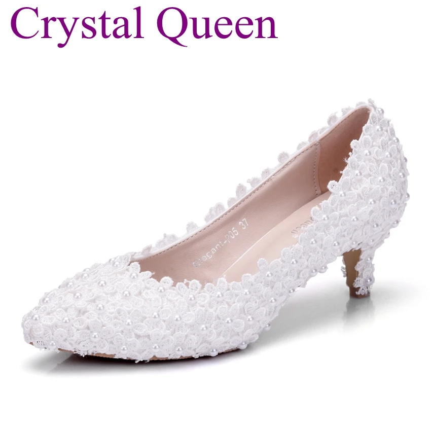 Crystal Queen Lace Pearls Pumps Fashion Women Pumps Pointed Toe High