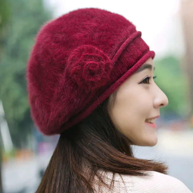2017 Fashion Warm Women Rabbit Fur Beret Hat Flower Warm Women Winter