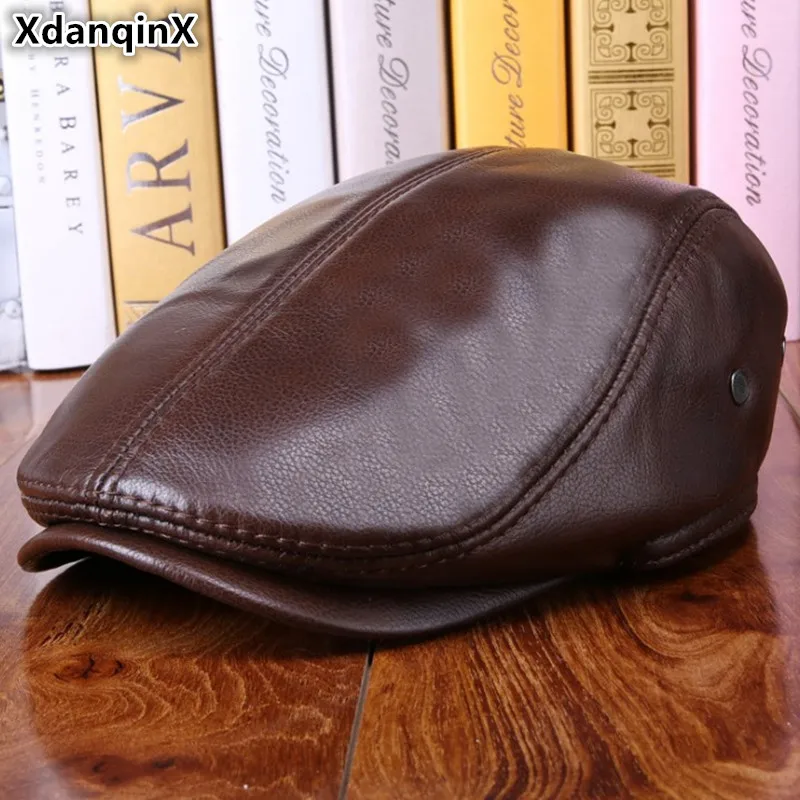 

XdanqinX Men's Hat Winter Thicker Warm Cowhide Berets Brand Genuine Leather Caps Male Bone Dad's Hats Trucker Cap For Adult Men
