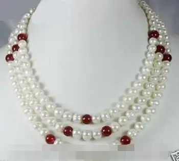 

Exquisite 7-8MM 3 Rows White Akoya Pearl and Red Ruby Necklace 17" 19'' 20"