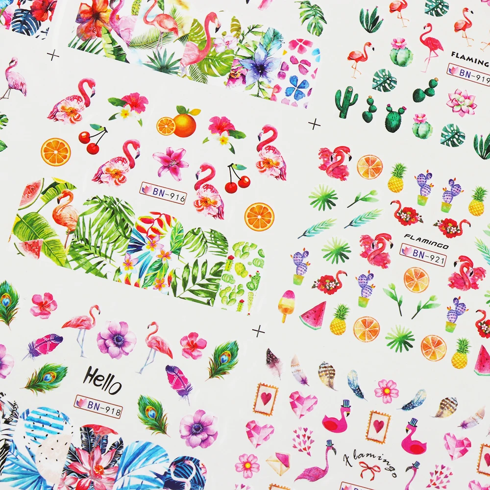 

12 Design Cute Nail Polish Stickers Flamingo Flowers Leaf Watermark Decals Manicure Nail Art Decoration Tips dropshipping