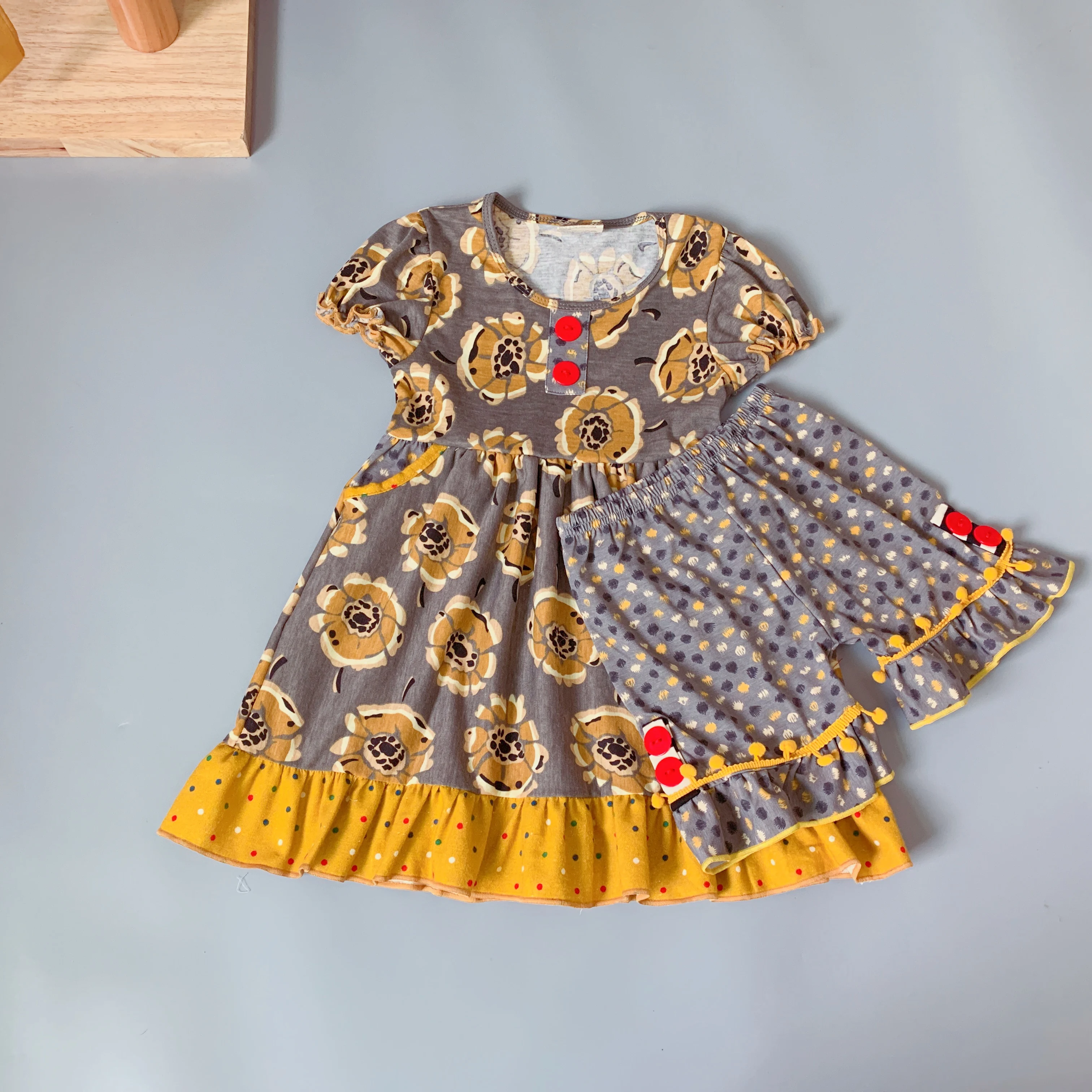 

100% Cotton Mustard yellow girls Boutique Clothes Ruffled kids summer clothing sets Pants Baby girls sets Apparel Accessory